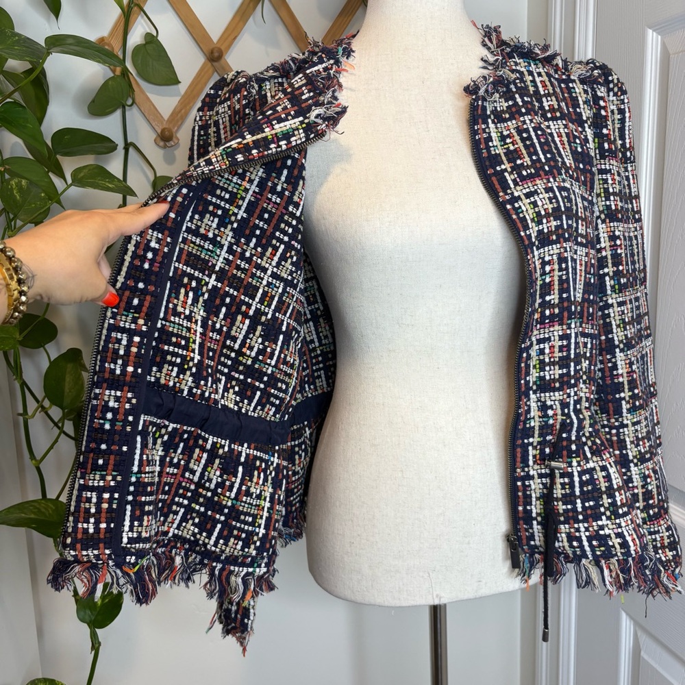 HALOGEN Multi-Color Tweed Fringe Peplum Zip Up Jacket - Picture 7 of 11
